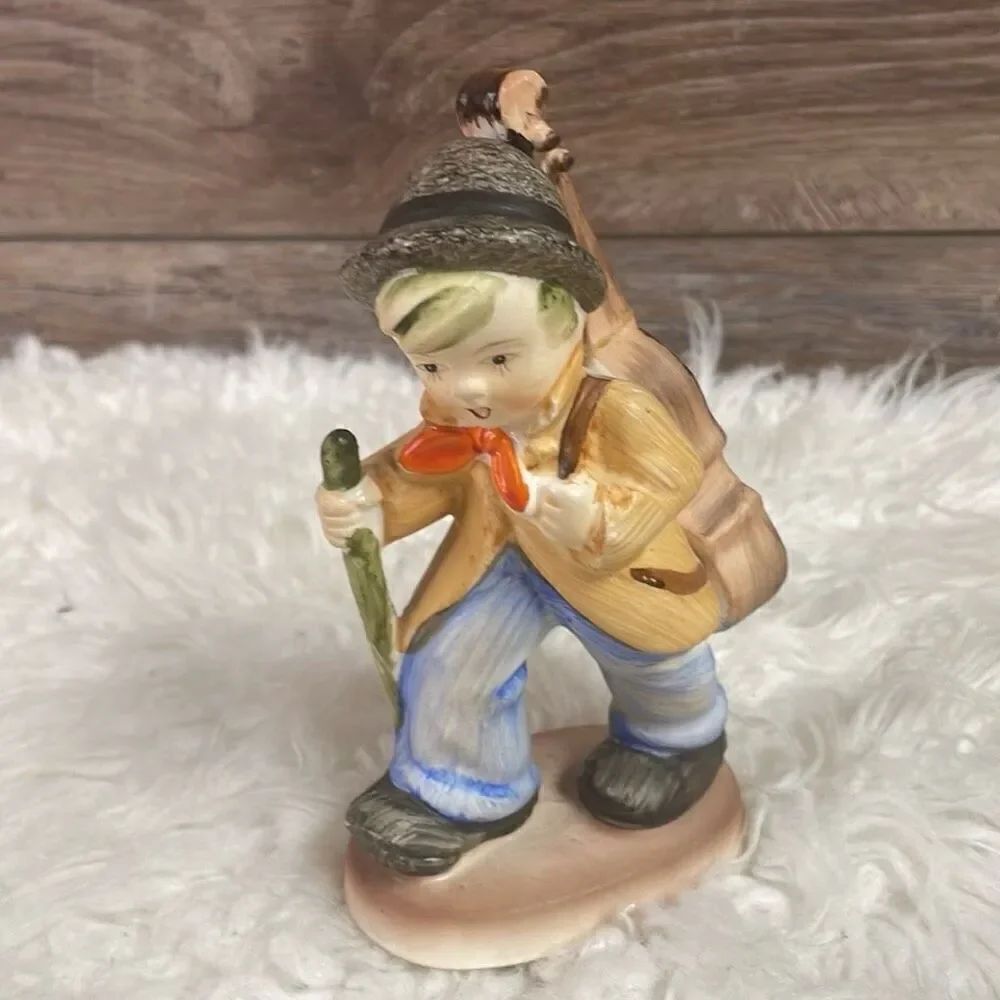 Figurine The Fiddler Boy Walking with Cello on Back Porcelain Handpainted 6”